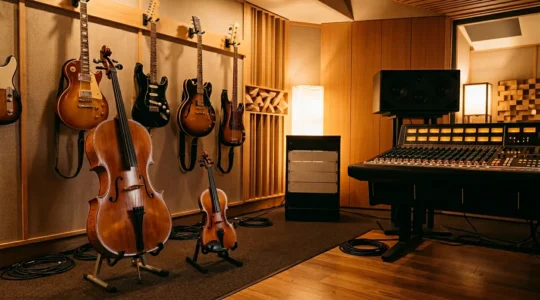 Professional music production studio with string instruments and electric guitars arranged for recording session