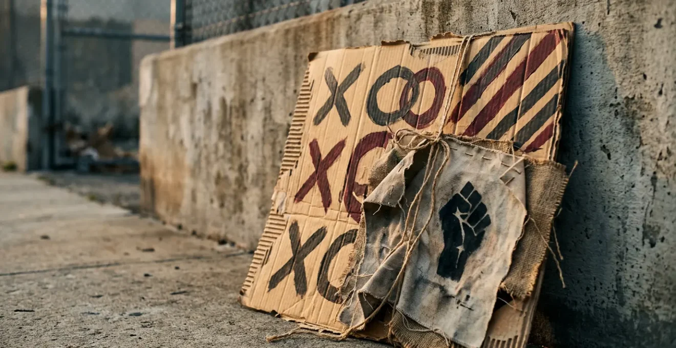 Close-up of weathered protest sign held against urban backdrop, photographed with editorial realism and dramatic natural lighting
