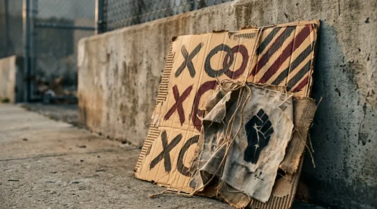 Close-up of weathered protest sign held against urban backdrop, photographed with editorial realism and dramatic natural lighting