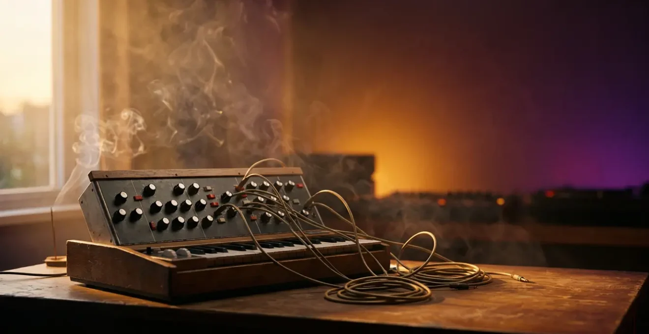 Immersive music production environment with analog synthesizers and spatial audio equipment creating psychedelic textures