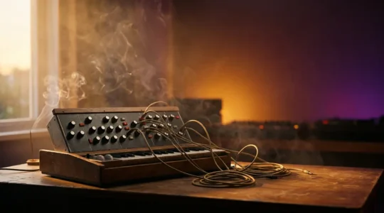 Immersive music production environment with analog synthesizers and spatial audio equipment creating psychedelic textures