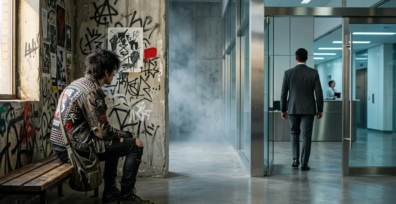 Visual metaphor representing the intersection of punk counterculture and corporate business environment