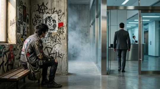 Visual metaphor representing the intersection of punk counterculture and corporate business environment