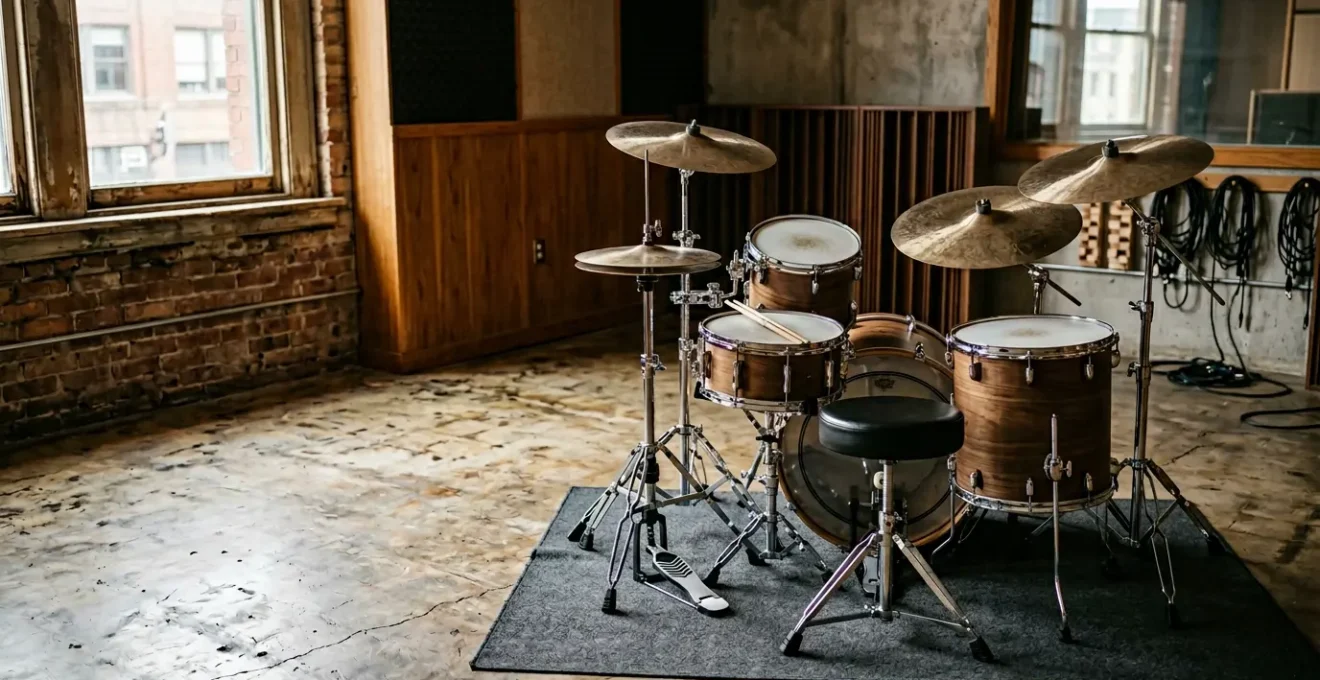 Professional rock drum kit in atmospheric studio setting with dramatic lighting emphasizing tuned drum heads and resonance
