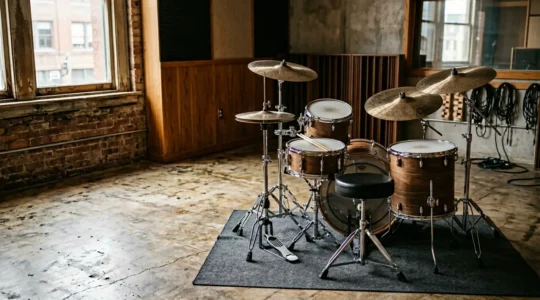 Professional rock drum kit in atmospheric studio setting with dramatic lighting emphasizing tuned drum heads and resonance