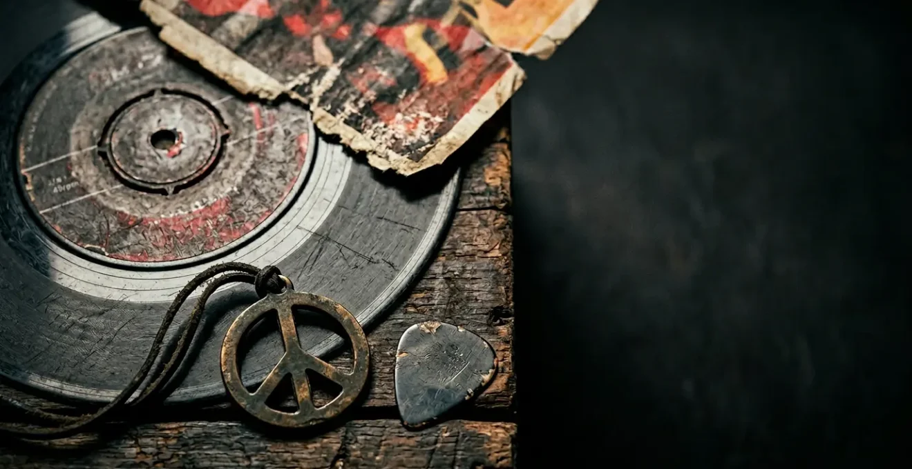 Vintage vinyl records and protest imagery symbolizing rock music's transformation from teen romance to political commentary