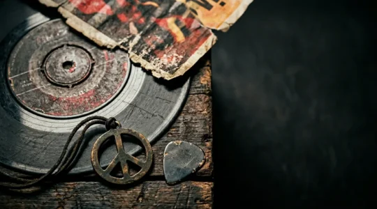 Vintage vinyl records and protest imagery symbolizing rock music's transformation from teen romance to political commentary