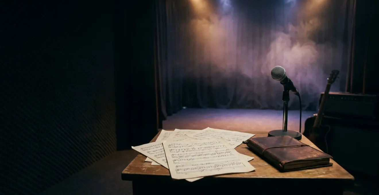 Creative workspace capturing the essence of rock opera composition and theatrical production