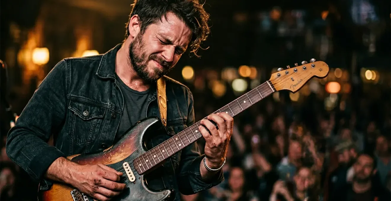 Guitarist performing an expressive solo with emotional intensity and narrative focus