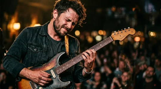 Guitarist performing an expressive solo with emotional intensity and narrative focus