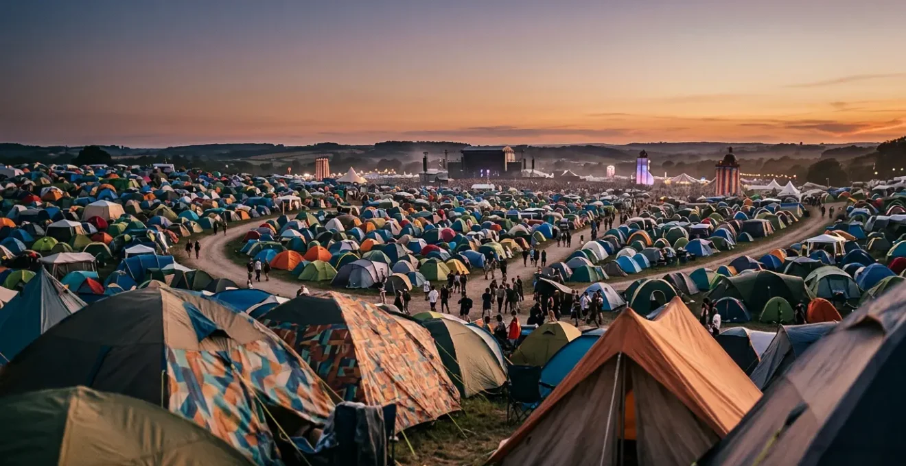 Music festival camping scene with colorful tents at sunset showing festival community and survival spirit
