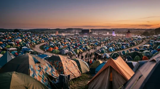 Music festival camping scene with colorful tents at sunset showing festival community and survival spirit