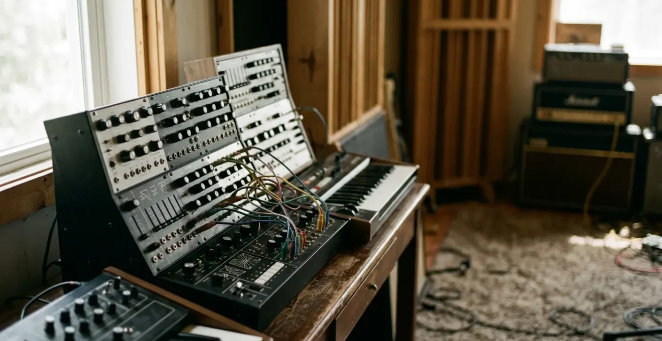 Professional synthesizer programming session for rock music production