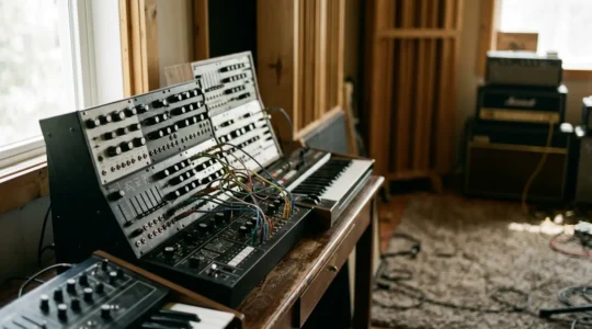 Professional synthesizer programming session for rock music production