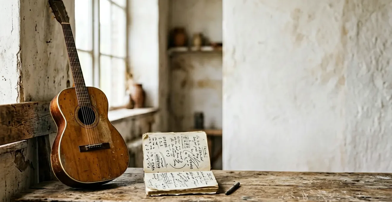 Weathered acoustic guitar and worn notebook bathed in natural window light capturing the essence of authentic folk songwriting