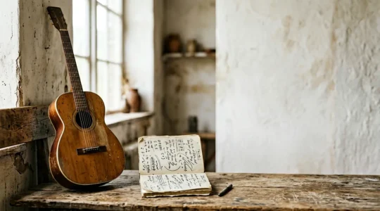 Weathered acoustic guitar and worn notebook bathed in natural window light capturing the essence of authentic folk songwriting