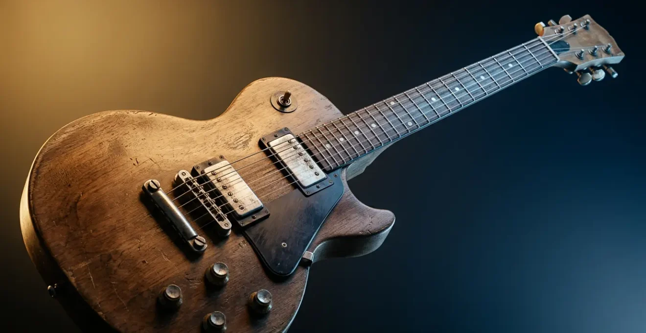 Professional editorial photograph capturing the transformation from traditional blues to heavy rock guitar playing