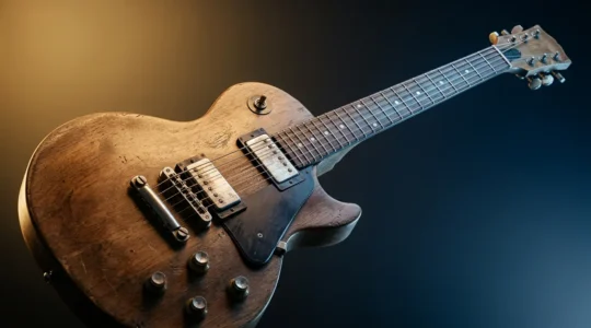 Professional editorial photograph capturing the transformation from traditional blues to heavy rock guitar playing