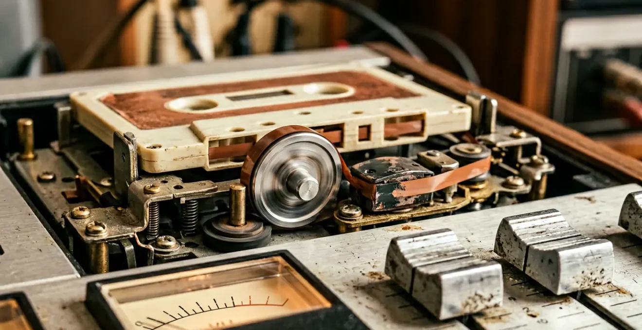 Close-up of vintage 4-track cassette recorder with moving tape reels in natural studio light