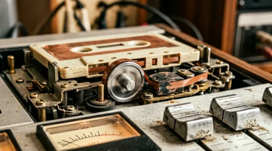 Close-up of vintage 4-track cassette recorder with moving tape reels in natural studio light