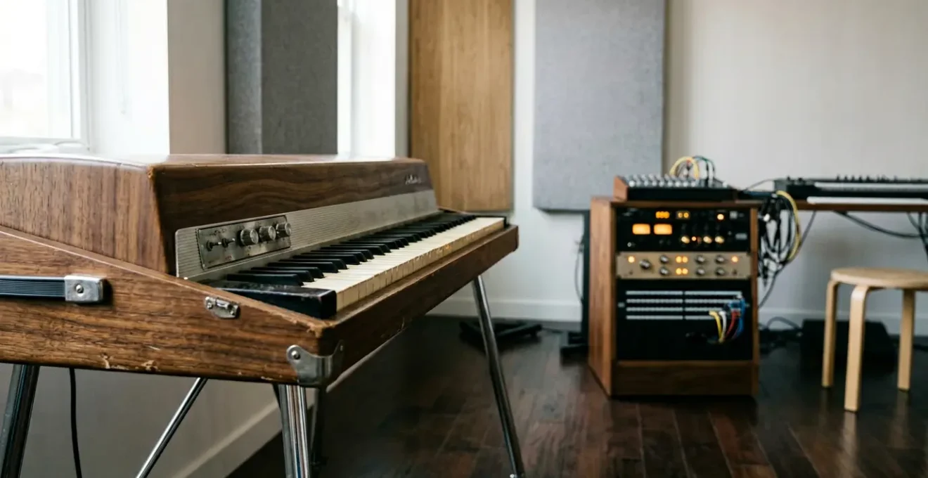 Vintage analog keyboard synthesizer in professional recording studio setting with modern audio equipment