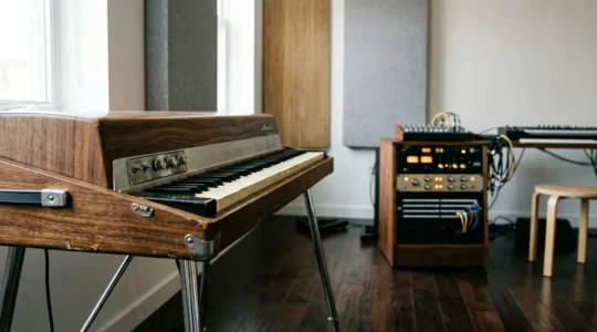 Vintage analog keyboard synthesizer in professional recording studio setting with modern audio equipment