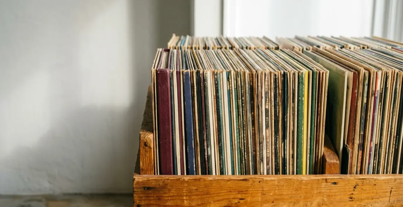 Organized vinyl records collection displayed with natural lighting showcasing careful curation and authentic collecting