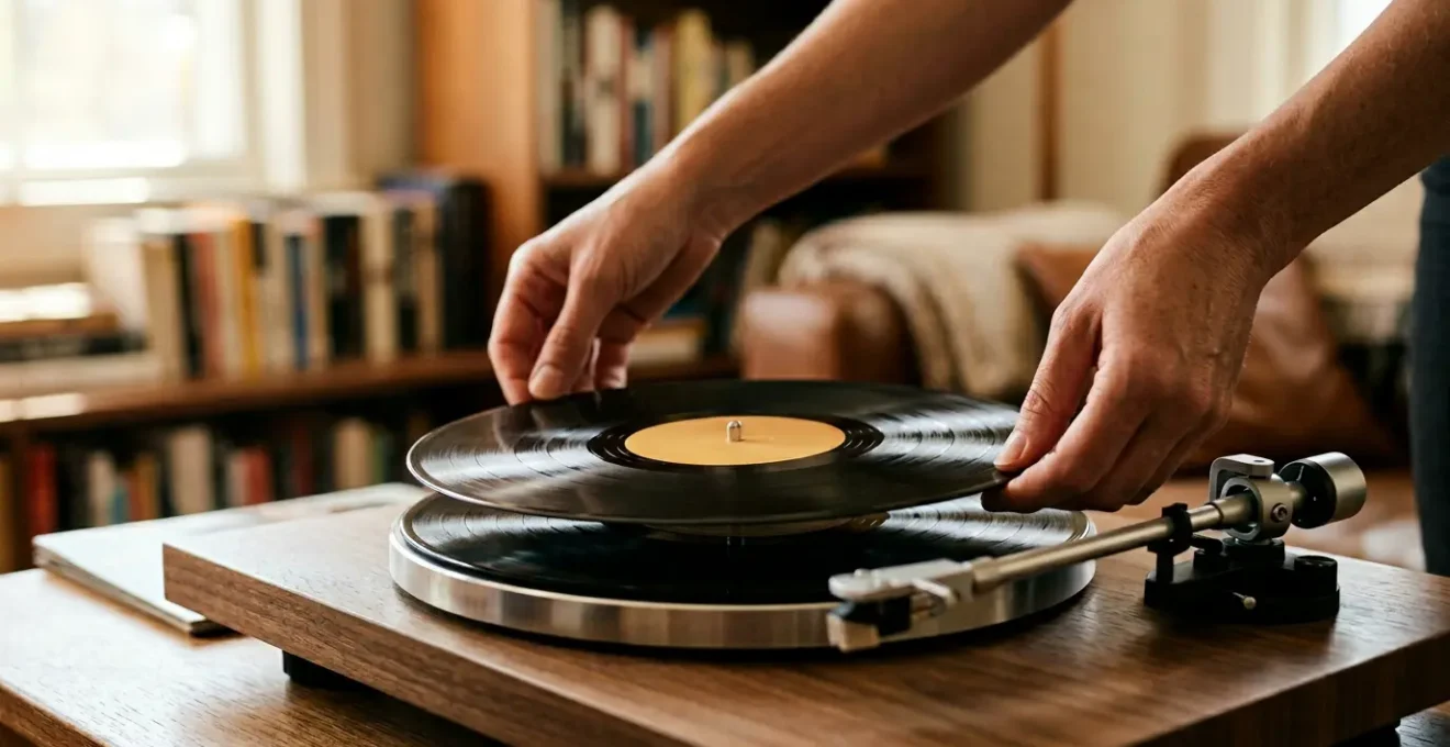 Close-up of hands carefully placing a vinyl record onto a turntable platter in warm natural light
