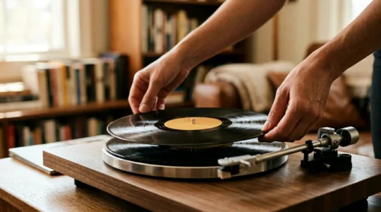 Close-up of hands carefully placing a vinyl record onto a turntable platter in warm natural light