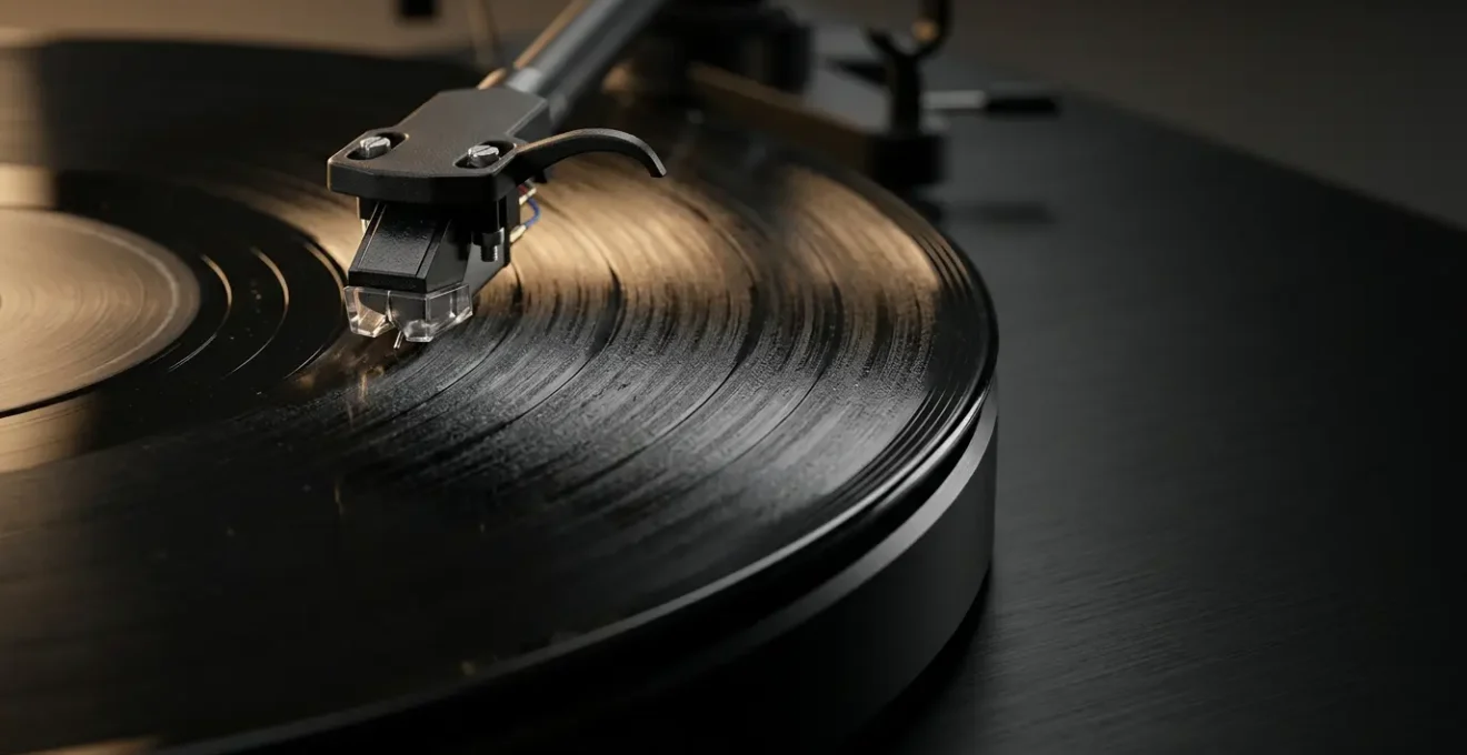 Close-up view of vinyl record grooves on turntable highlighting physical pressing quality details
