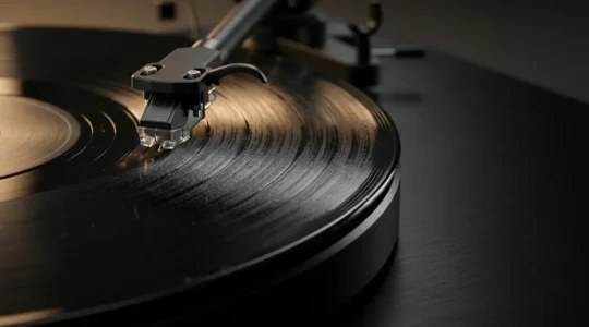Close-up view of vinyl record grooves on turntable highlighting physical pressing quality details