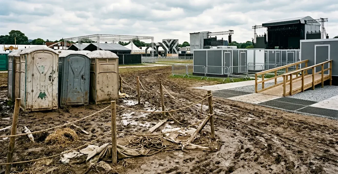 Contrasting scenes of festival infrastructure highlighting the gap between 1960s spontaneity and today's regulatory requirements