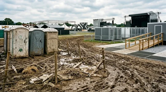 Contrasting scenes of festival infrastructure highlighting the gap between 1960s spontaneity and today's regulatory requirements