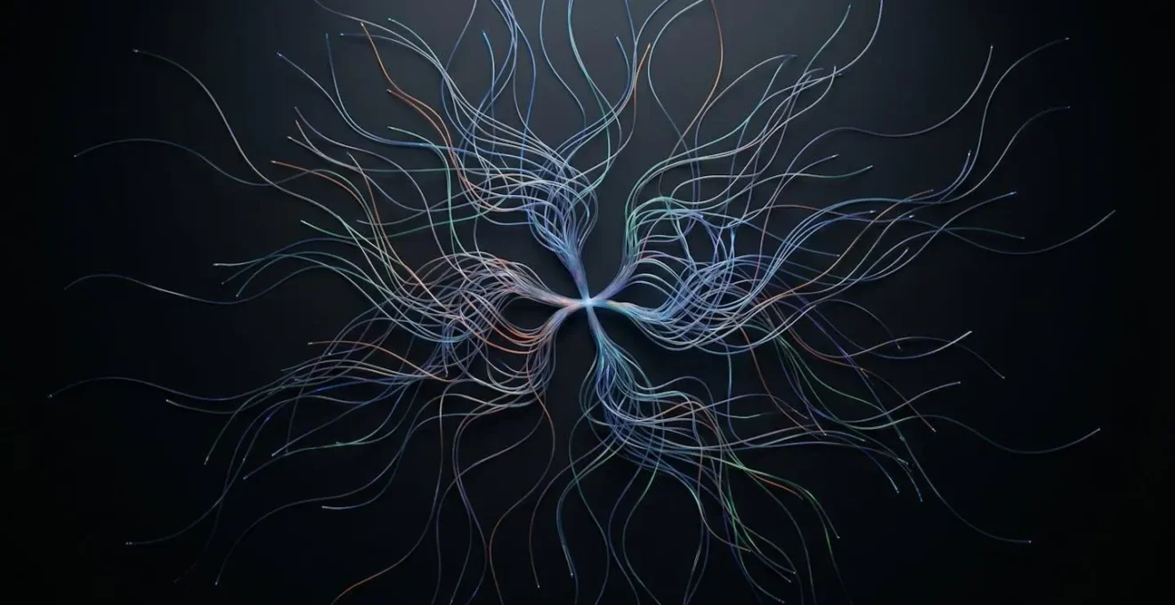 Abstract representation of algorithmic music discovery through interconnected pathways and data streams