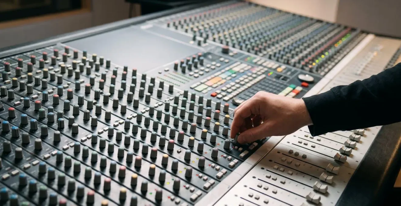 Audio mixing console aux send routing with effect processing on snare drum channel