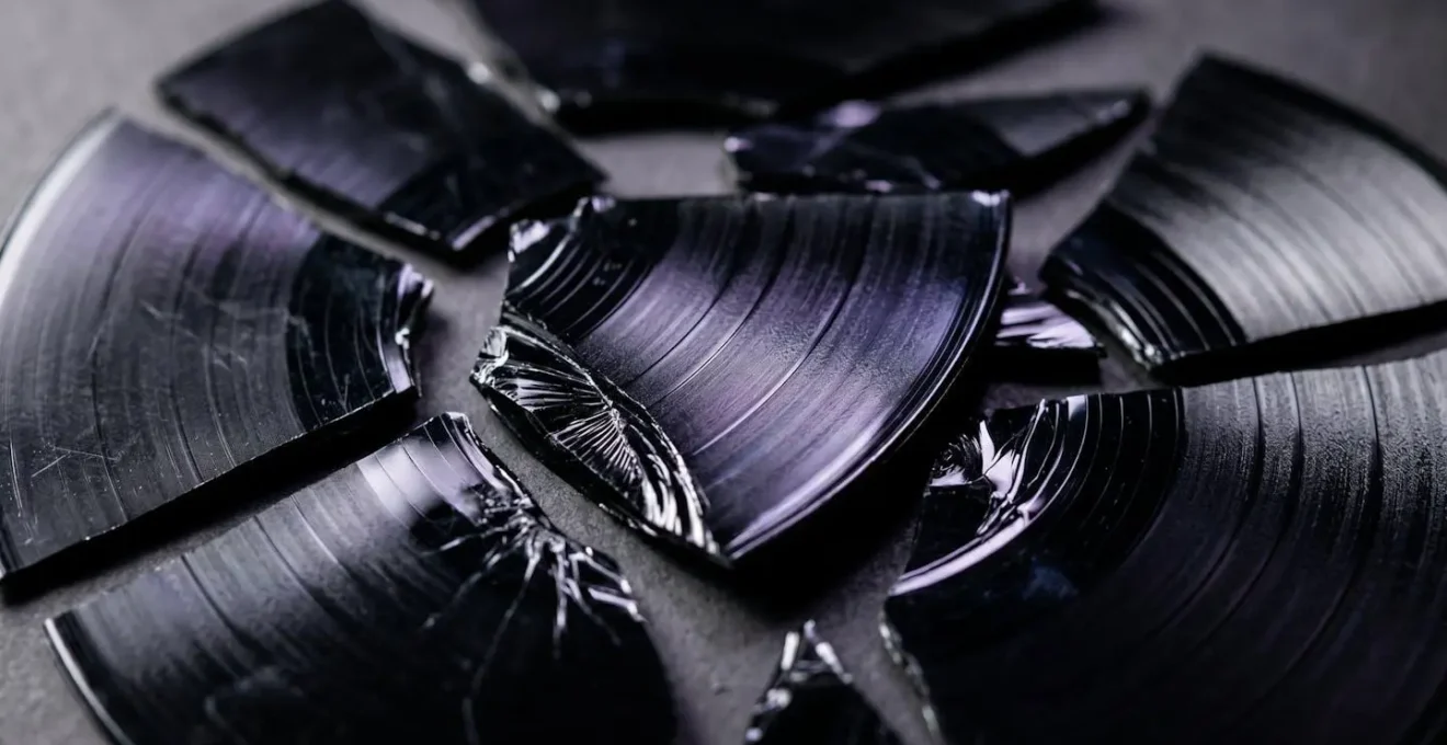 Shattered vinyl record fragments on a neutral background, symbolizing failed censorship attempts and the Streisand Effect.
