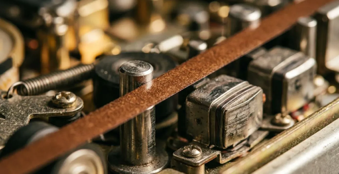 Macro close-up of vintage tape echo mechanism showing magnetic tape path and delay timing