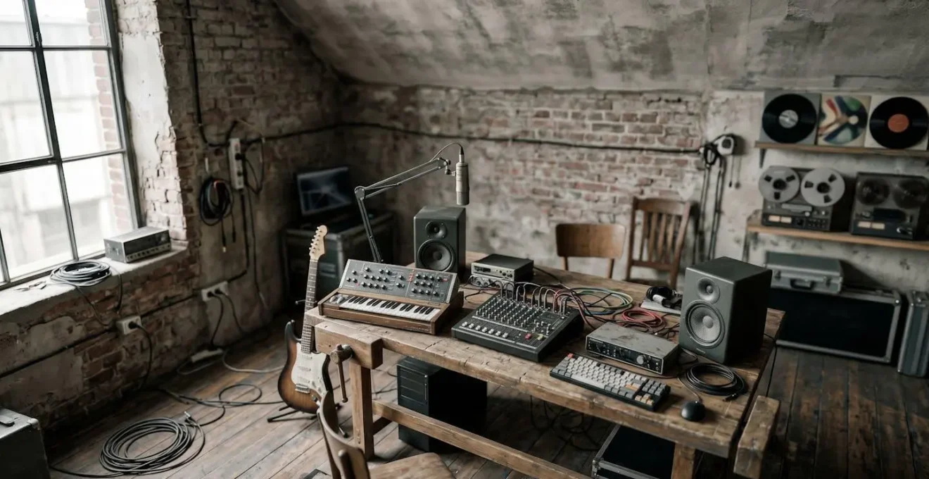 Wide environmental shot of independent artist workspace with natural lighting and minimalist composition emphasizing creative autonomy