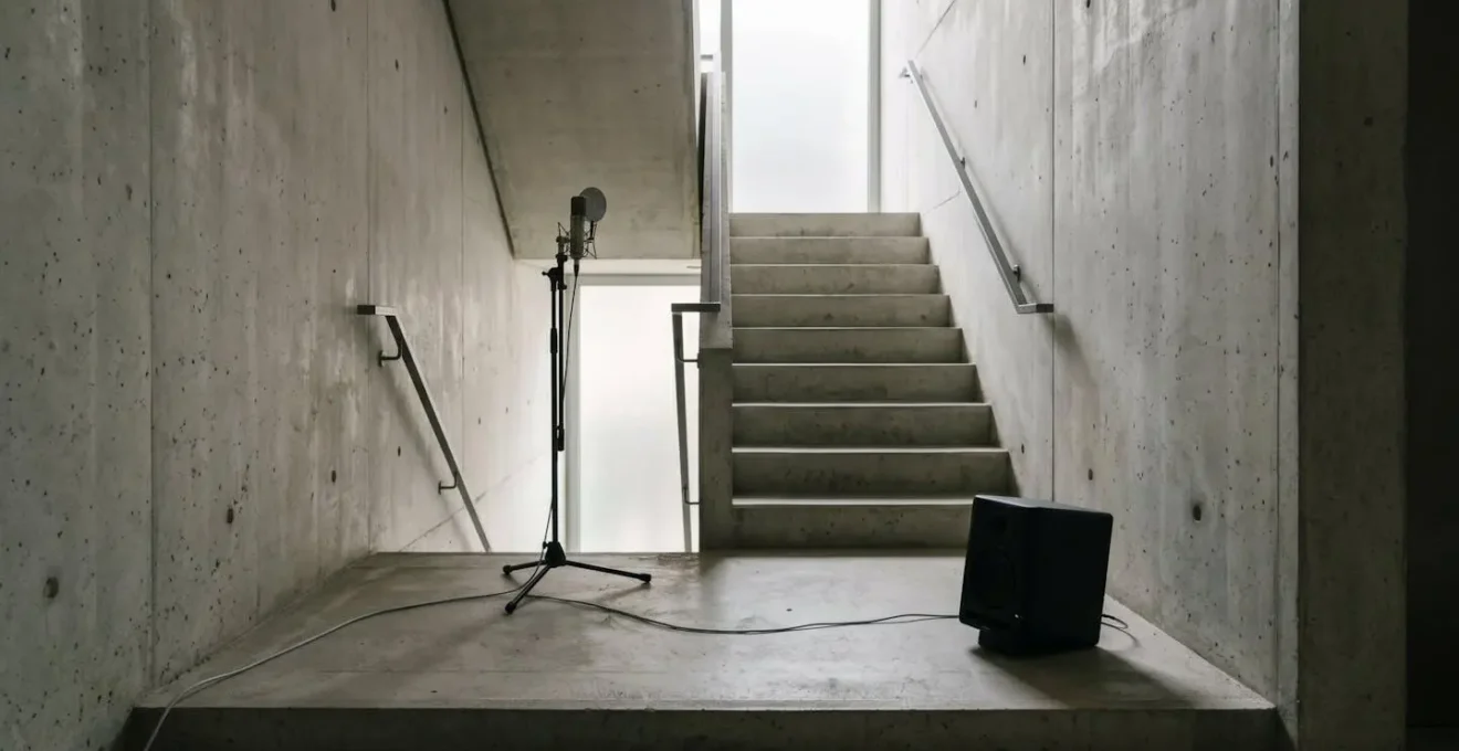 Wide environmental shot of a reverberant interior space with speaker and microphone setup demonstrating DIY echo chamber recording technique
