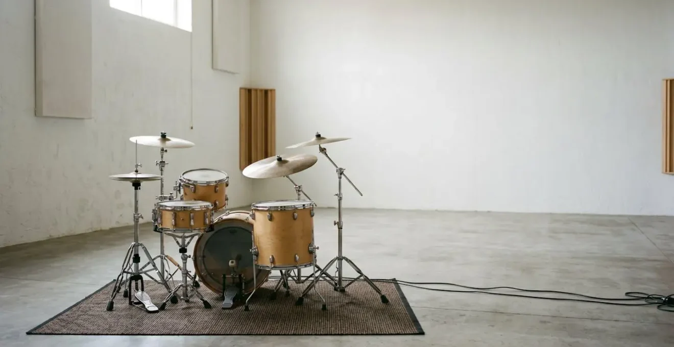 Wide environmental shot of a drum kit in a spacious room emphasizing natural acoustic space and depth