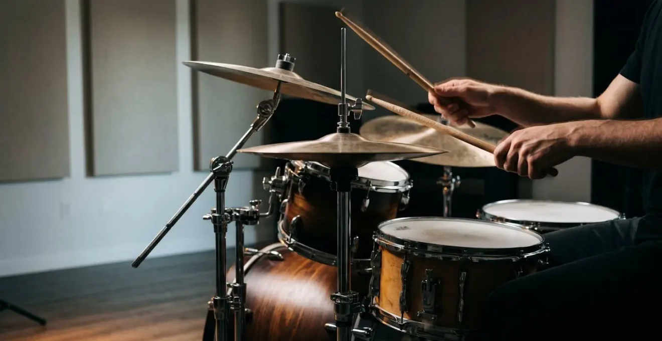Wide-angle photograph of drummer's hands in motion above drum kit with intentional motion blur capturing rhythmic energy and human timing imperfection
