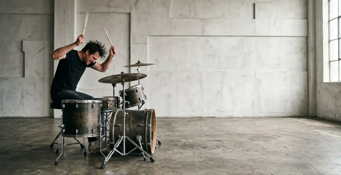 Wide environmental shot of a drummer mid-performance in a minimalist rehearsal space with dramatic side lighting creating strong shadows
