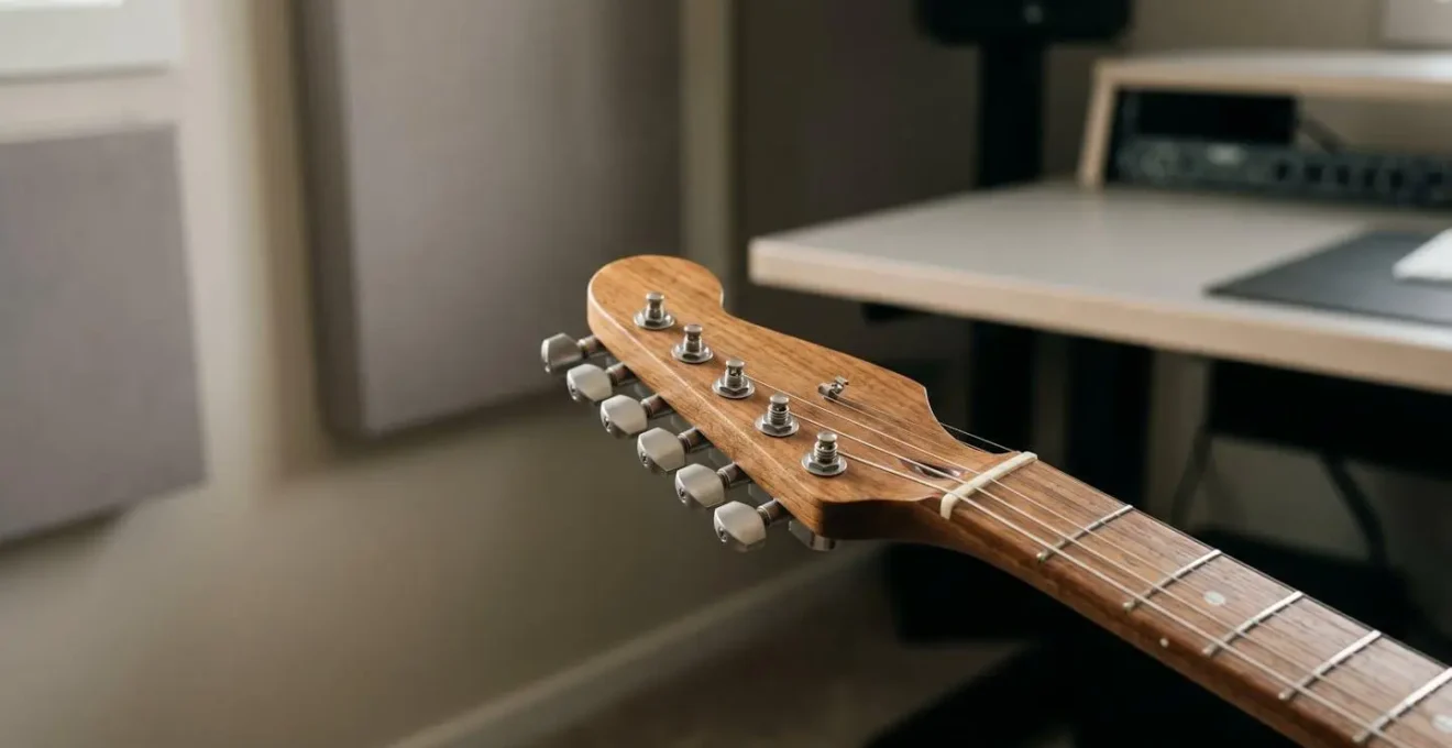Wide environmental photograph of electric guitar headstock and neck in professional studio setting with clean composition and warm natural lighting