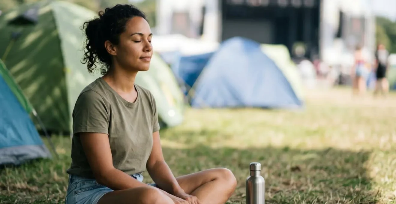 Medium shot of festival participant practicing strategic rest and energy management during multi-day event