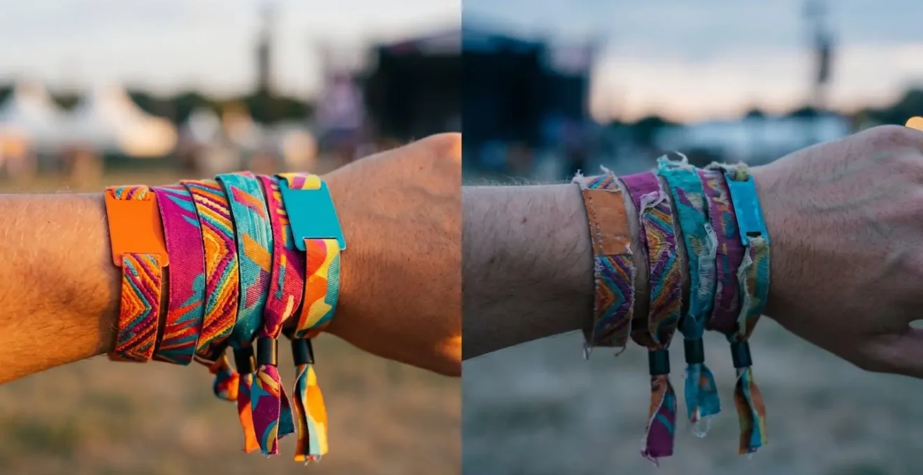 Symbolic representation of festival burnout showing contrasting energy levels between early festival excitement and late-stage exhaustion