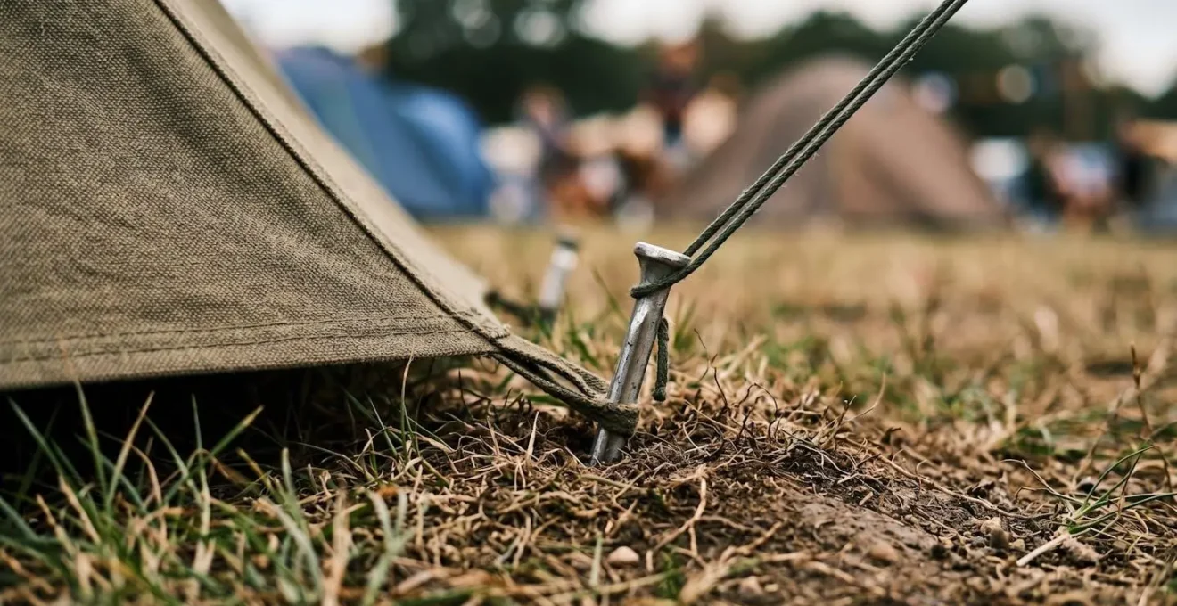 Close-up view of elevated tent placement on natural plateau avoiding water pooling during rain