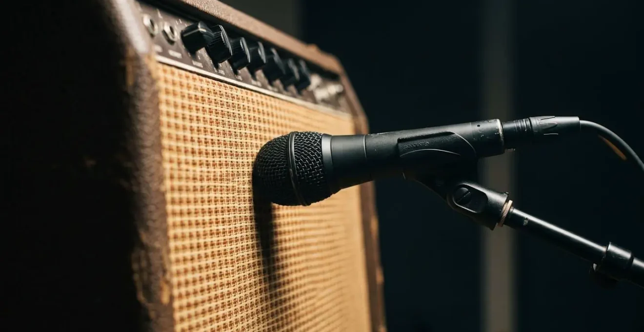 Dynamic microphone positioned at edge of guitar amplifier speaker cone in dimly lit recording space