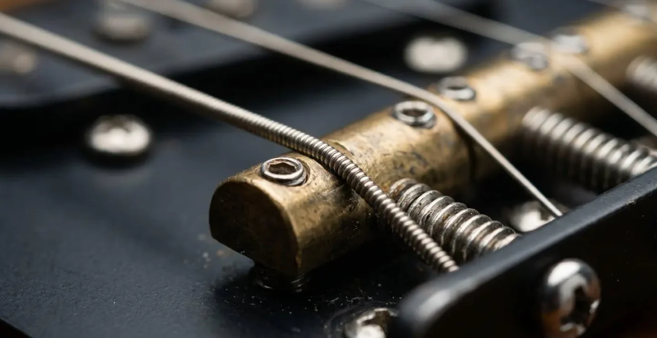 Close-up macro photograph of guitar bridge saddle adjustment showing precise intonation mechanics and string contact point
