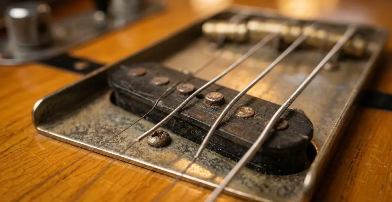 Close-up of electric guitar strings and pickups with dramatic lighting revealing texture and tonal character