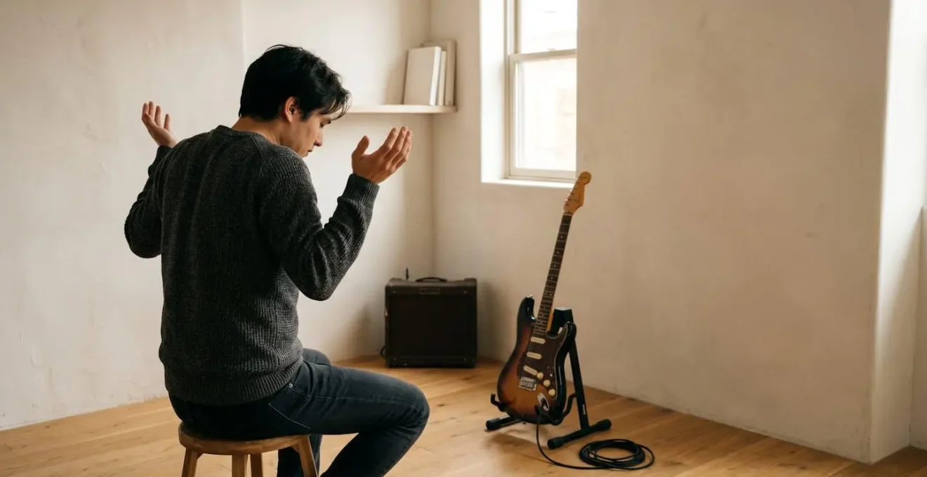 A guitarist in a minimalist practice space performing a pre-practice stretching routine, emphasizing relaxation before playing.